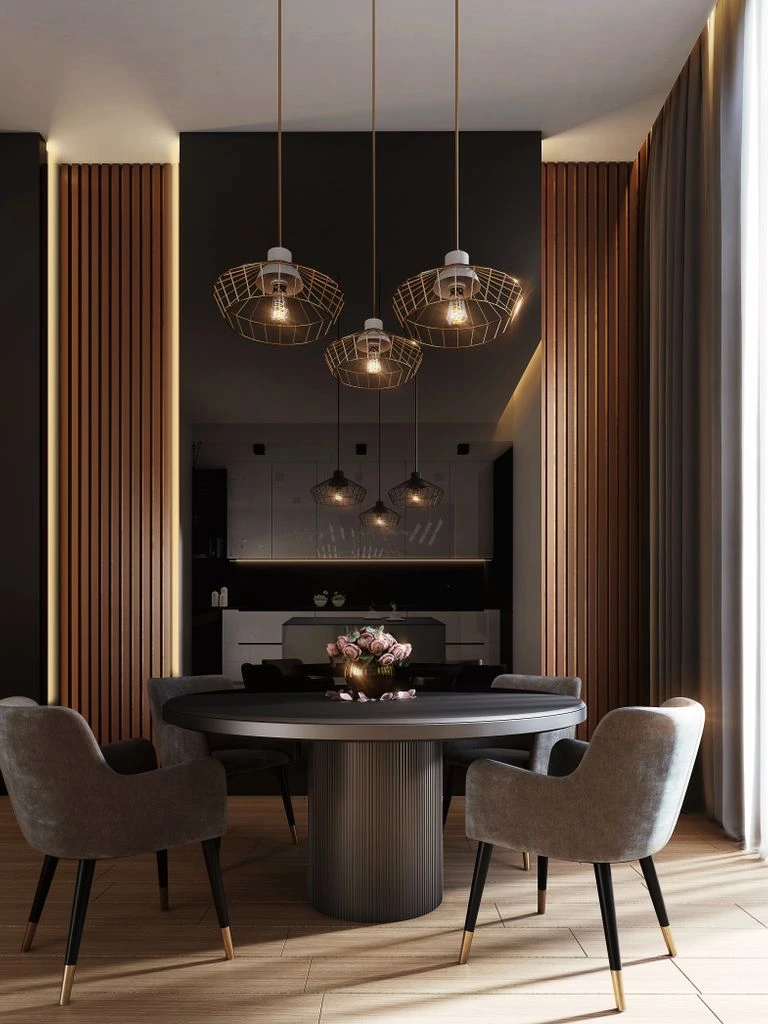 A soft modern dining room with cane chairs and a pedestal table